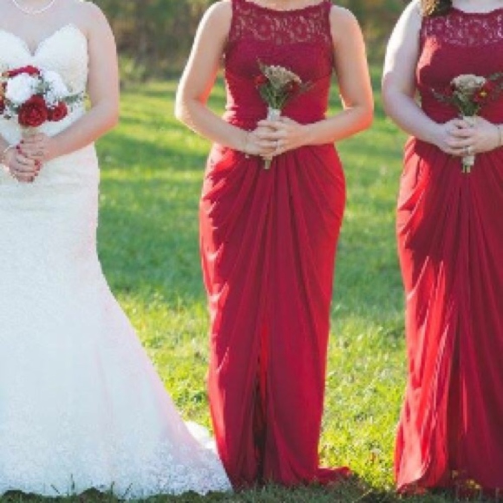 Apple red David’s bridal bridesmaid dress